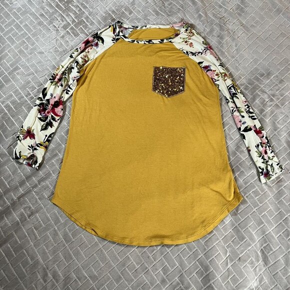Be Stage Tops - Be Stage Womens Small Shirt Long Raglan Sleeve Mustard Yellow Floral Gold Sequin